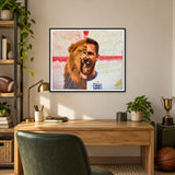 Lion’s Celebration framed print in a sports setting. Illustrative room mockup.