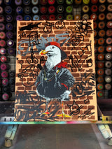 Chip Mug original painting, seagull in a cap against a graffiti wall