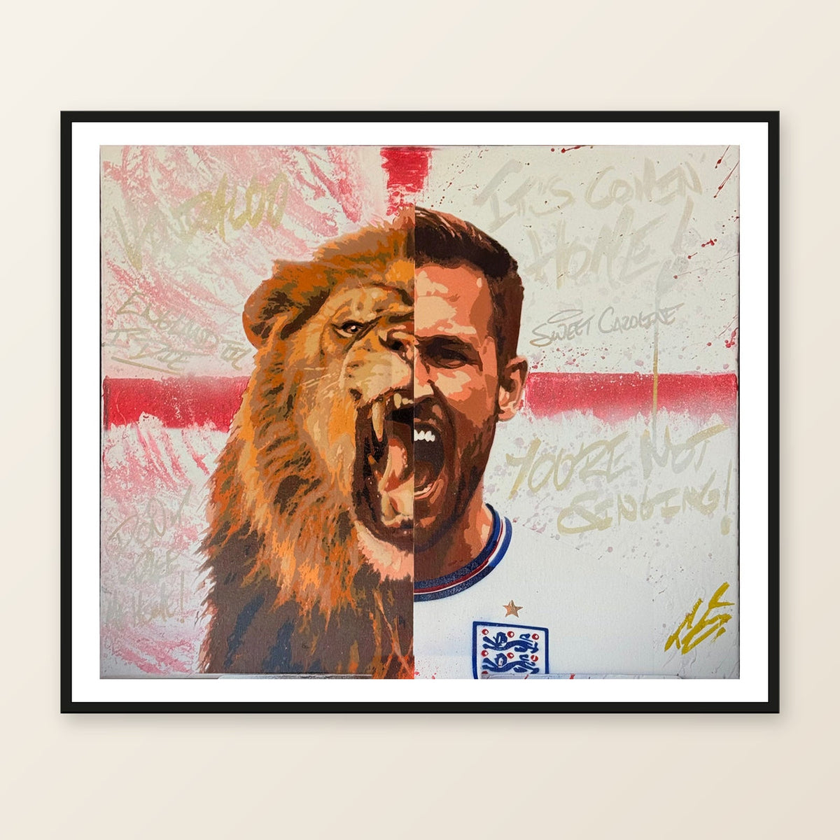 Lion’s Celebration framed print on a neutral background. Illustrative framed mockup.